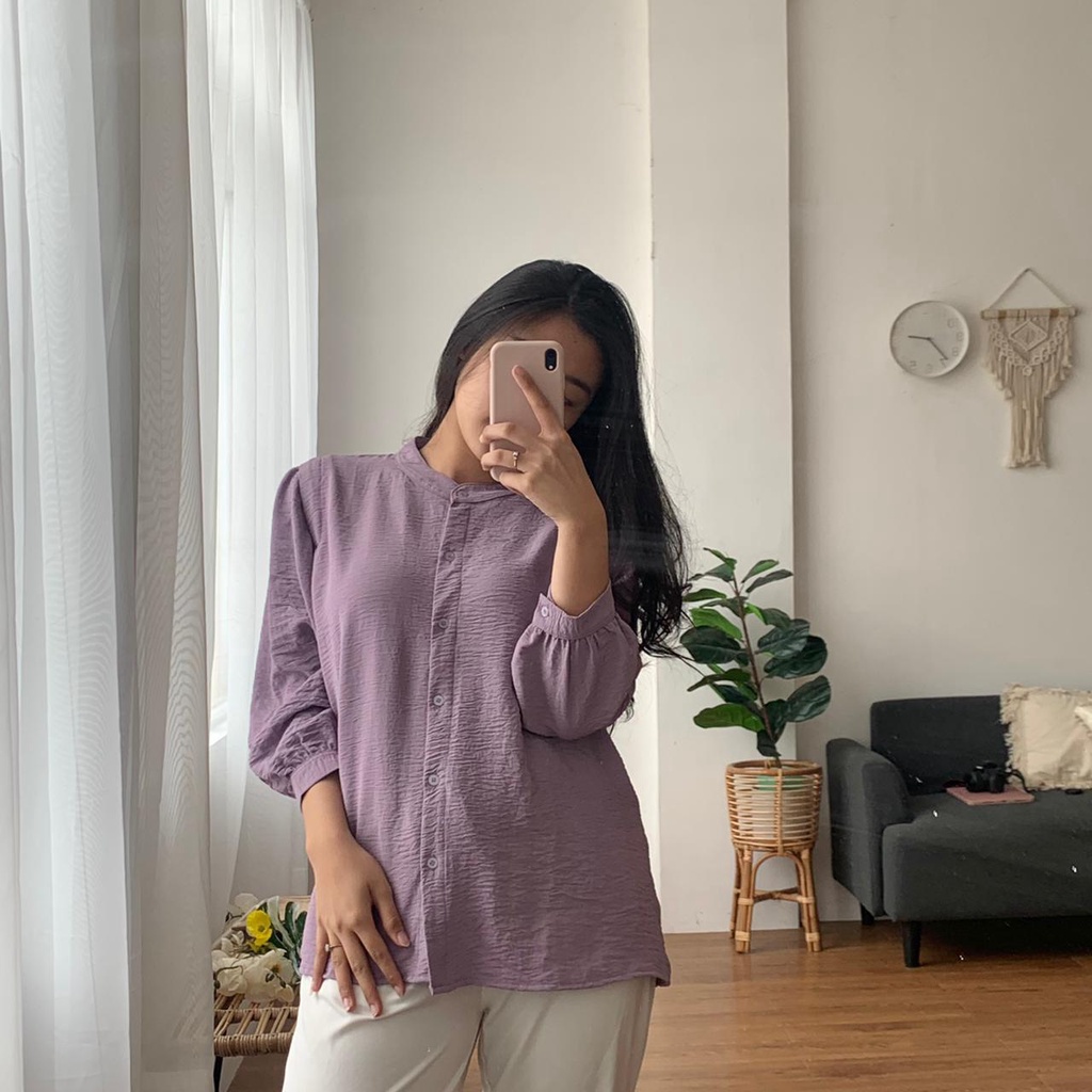 MSMO River Blouse Oneck Longsleeve / Blouse Wanita / Kemeja Kantor / Kemeja Crinkle / Kemeja Lengan Panjang-Mauve