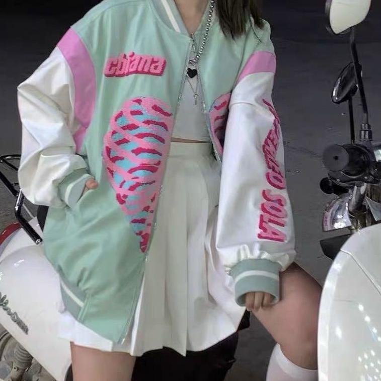 "CLK. 293389" JAKET WANITA LOVE BASEBALL VARSITY JAKET - JAKET VARSITY WANITA KOREAN STYLE