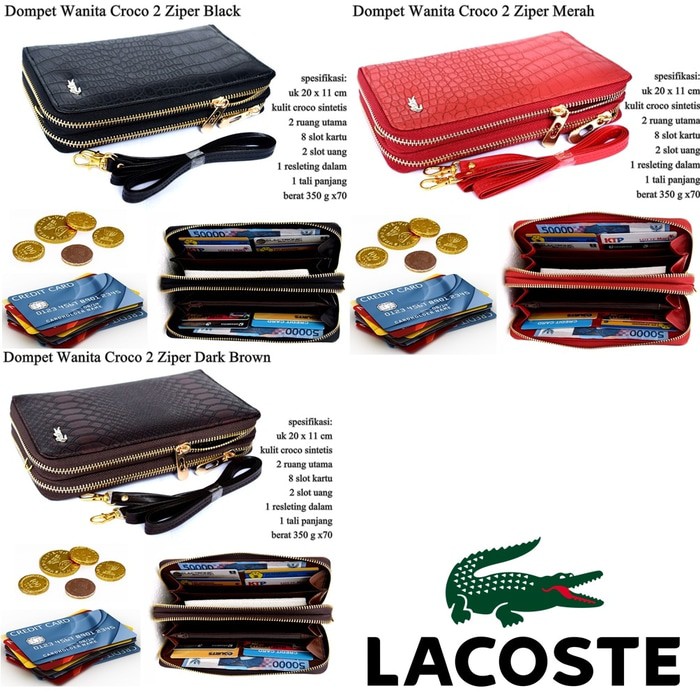 Dompet wanita Selempang 2 zipper Lacoste kulit Crocodil