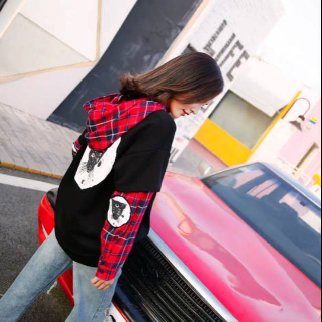 HARAJUKU PUNK CATS PLAID  SWEATER BLACK