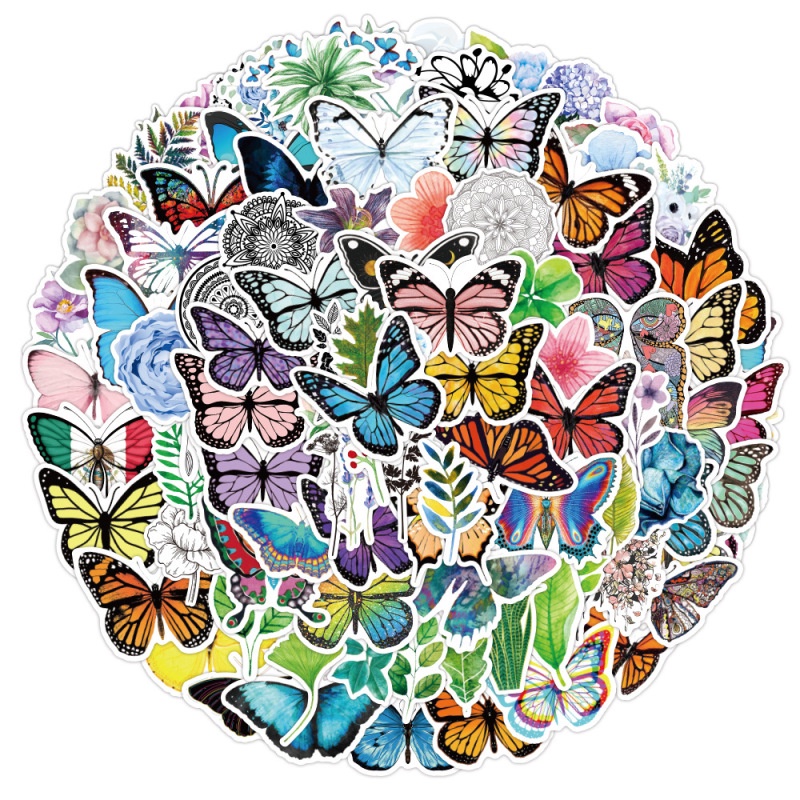 100pcs / set Stiker Graffiti Butterfly Flower Anti Air Untuk Dekorasi Laptop / Koper / Skuter / Cangkir Air