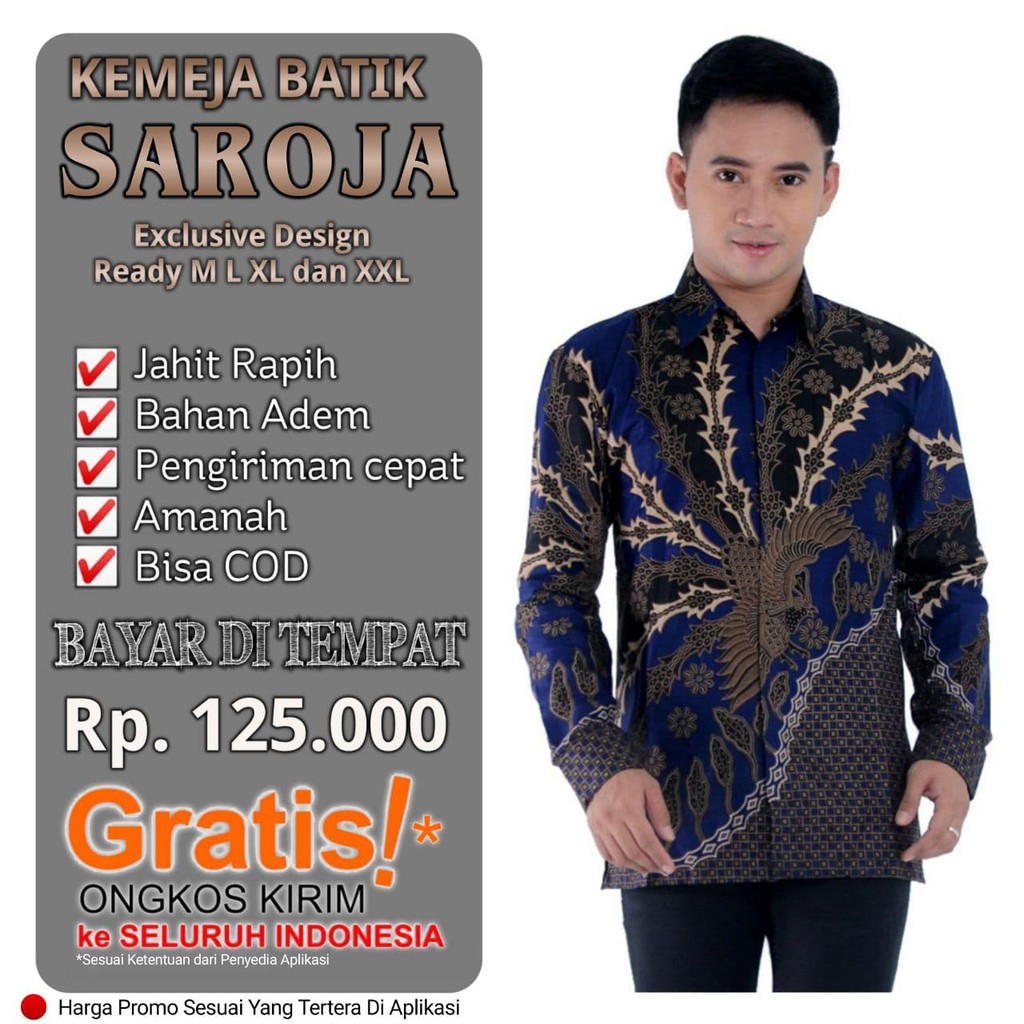 SAROJA BATIK Kemeja Lengan Panjang Kemeja Batik Seragam Kantor  Motif Cendrawasih Biru