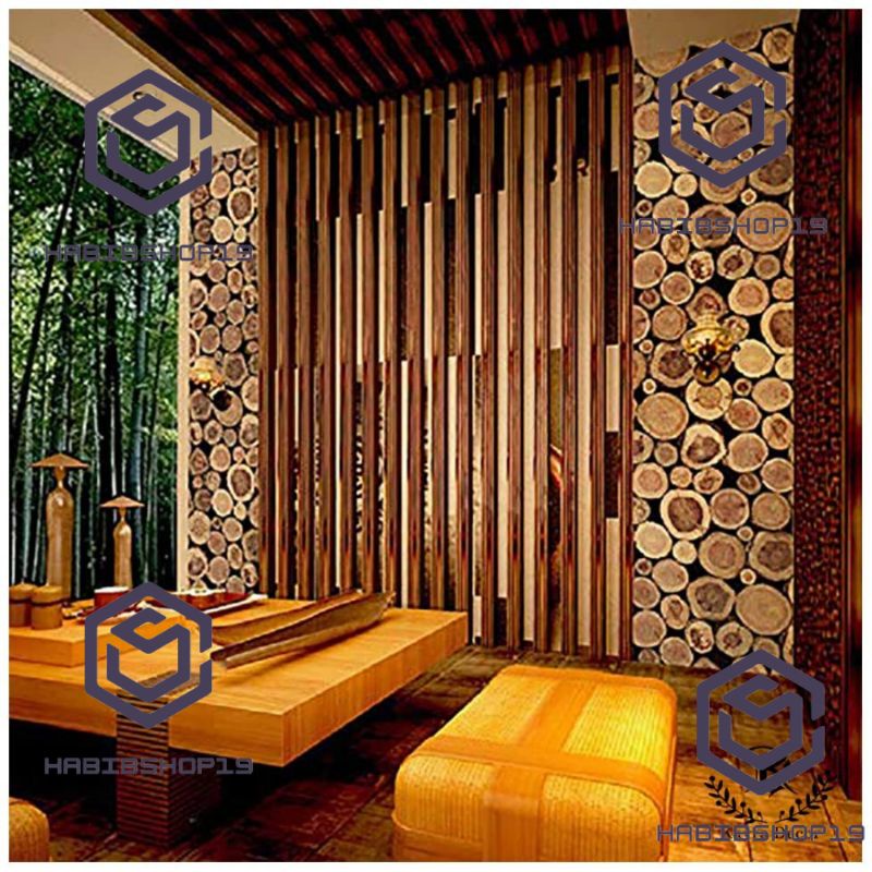 Wallpaper Sticker Dinding Motif Kayu Potong 3D 10mx45cm