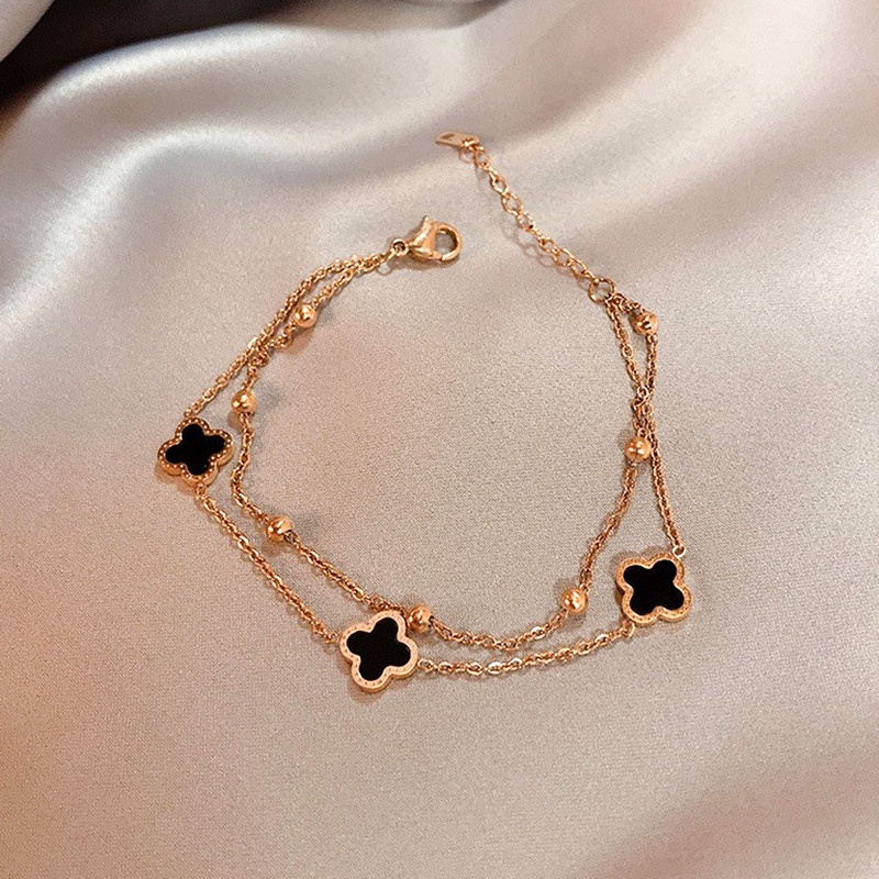 Gelang Titanium 2 Layer Semanggi Beruntung Wanita Anti Karat Emas 18k Korea Aksesoris-6