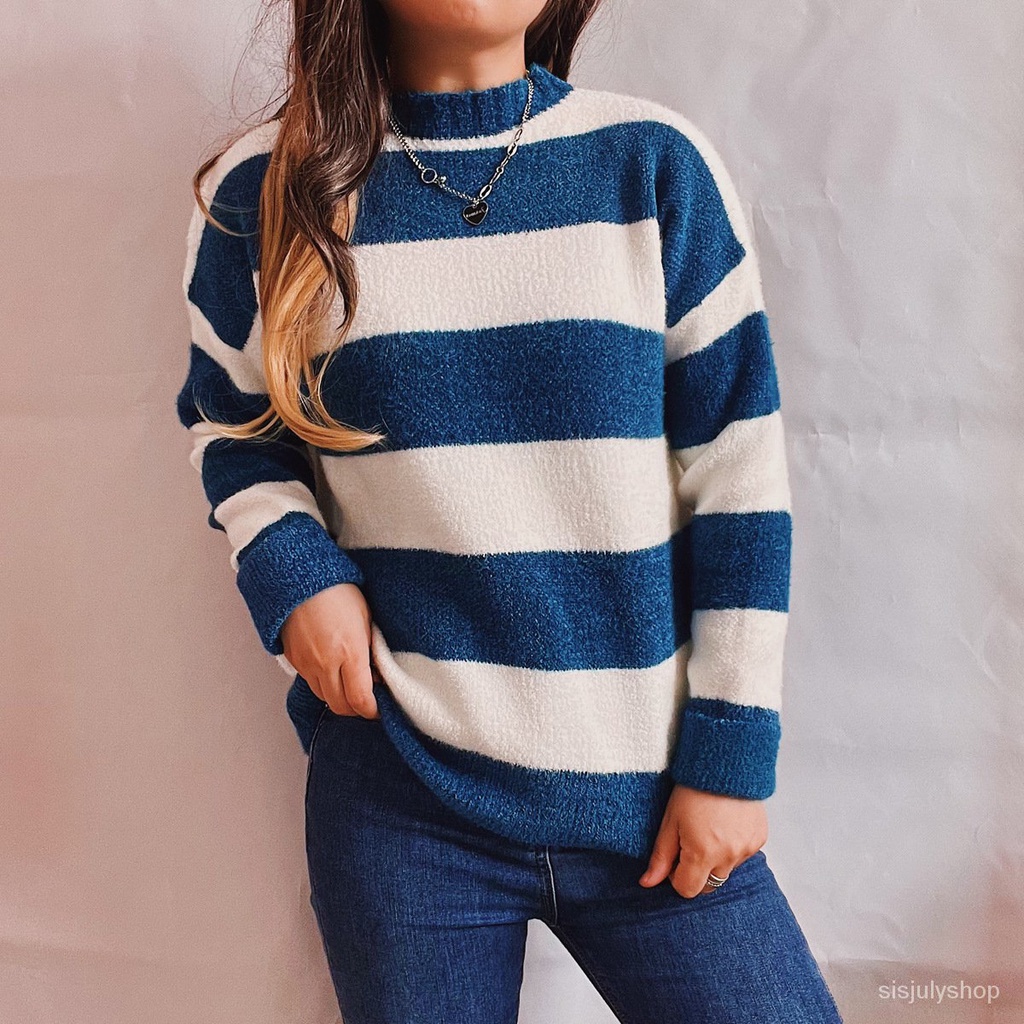 #Sisjuly# Wanita Kasual Tebal Bergaris Warna Permen Crew Neck Lengan Panjang Sweater Rajut Pullover