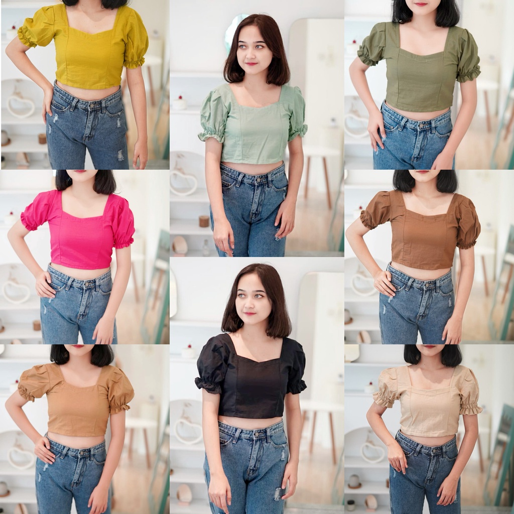 BEFAST - ZFS OOTD Blouse IRUYA / VIOLA LINEN CROP TOP / Blouse Crop Top Model Terbaru / Blouse Crop Lengan Pendek Karet / Fashion Wanita Kekinian / Blouse Crop Wanita Modis / OOTD Wanita Ala Korean Style / Blouse Leher Kotak / Trendy / Pakaian Wanita Rema