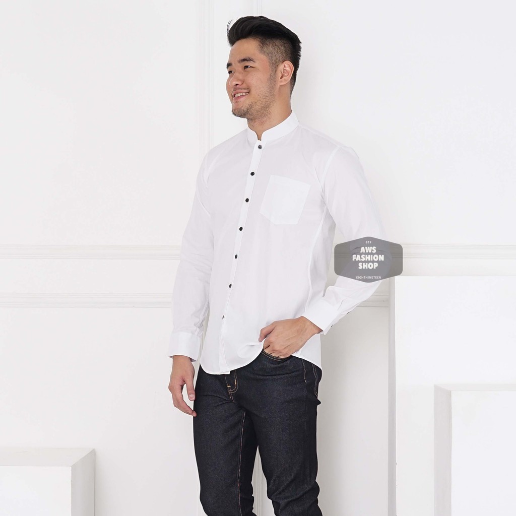 Kemeja Pria Lengan Panjang Polos Putih White Kerah Shanghai Kerah Koko Kemea Casual 3367