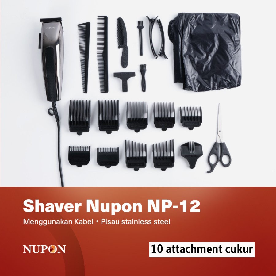 NUPON Alat Cukur Gunting Rambut Paket Lengkap NP-12 dengan Box termasuk celemek