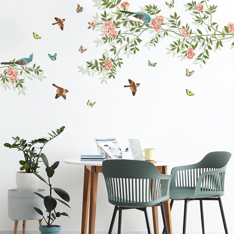 2pcs / set Stiker Dinding Desain Ranting Burung Bunga Butterfly Pohon Daun Untuk Dekorasi Kamar Tidur Anak