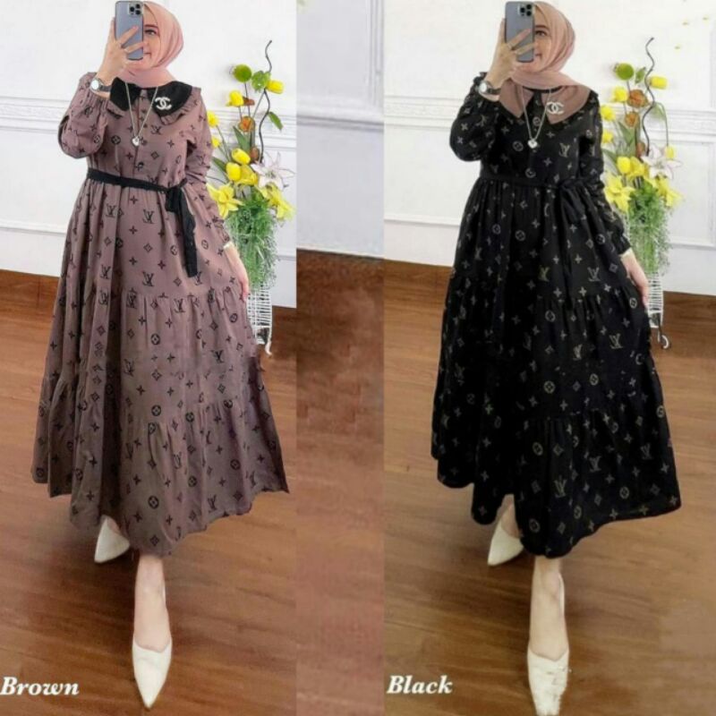 LV MIDI DRESS / MIDI DRESS KARUN RAYON / MIDI DRESS JUMBO / GAMIS KATUN RAYON MOTIF TERBARU / GAMIS 