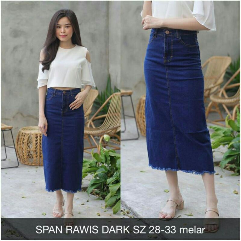 Rok Jeans Wanita Span 7/9 Denim Rawis Stretch Cewek Panjang-1