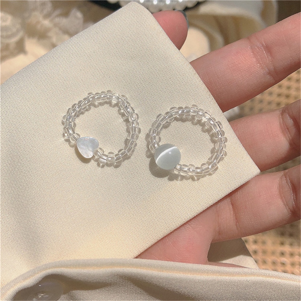 【COD Tangding】INS Shell Opal Ring Beaded Elastic Adjustable Design Luxury Ring Heart