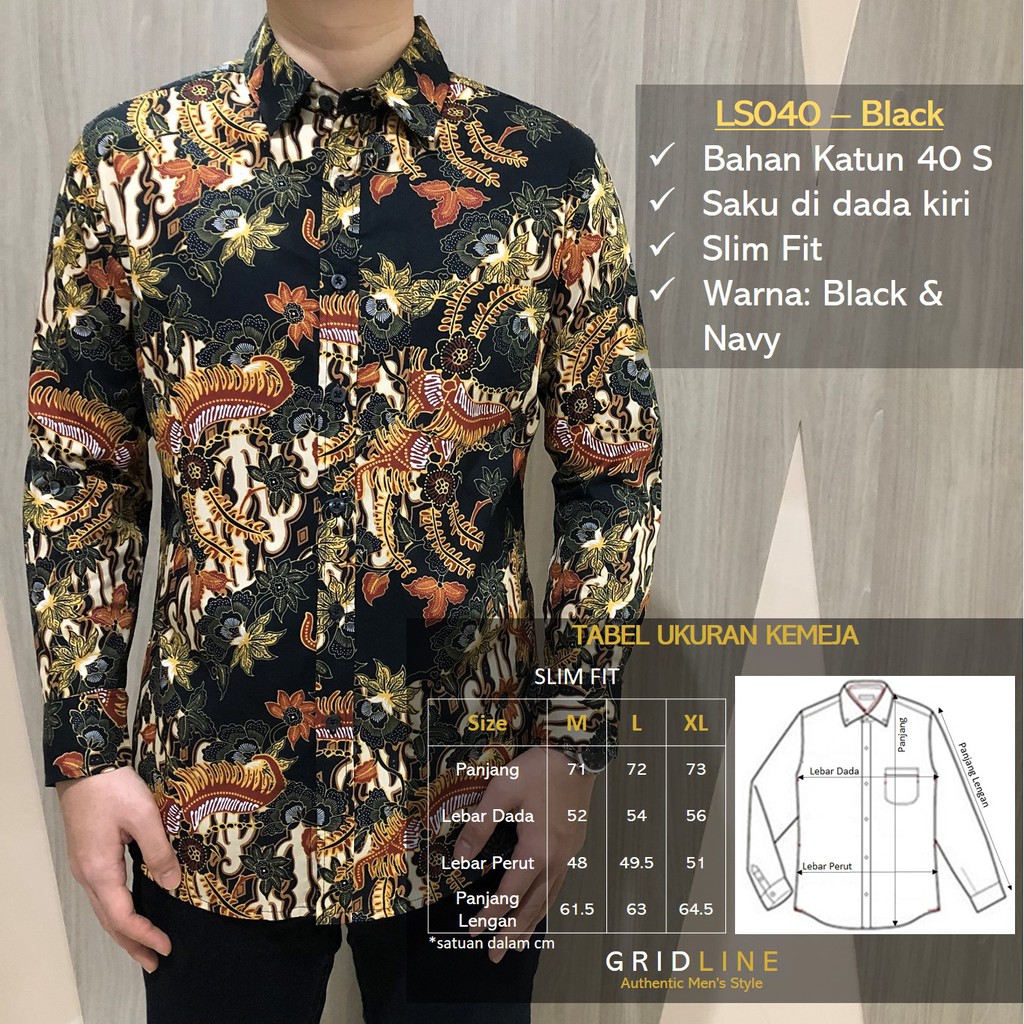 [GRIDLINE - LS040 Black &amp; Navy] Kemeja Batik Slimfit Pria Katun Lengan Panjang