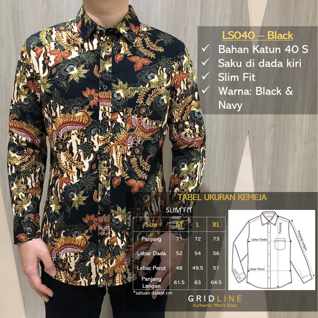 [GRIDLINE - LS040 Black &amp; Navy] Kemeja Batik Slimfit Pria Katun Lengan Panjang