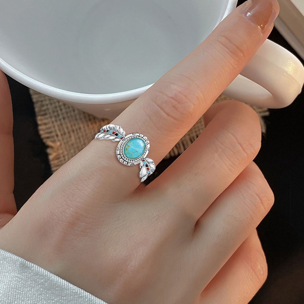 Hu Hu Hu Hu Hu Alat Bantu Pasang Kacamata♡ Cincin Desain Bulu Elang Aksen Turquoise Gaya Etnik Vintage Untuk Wanita