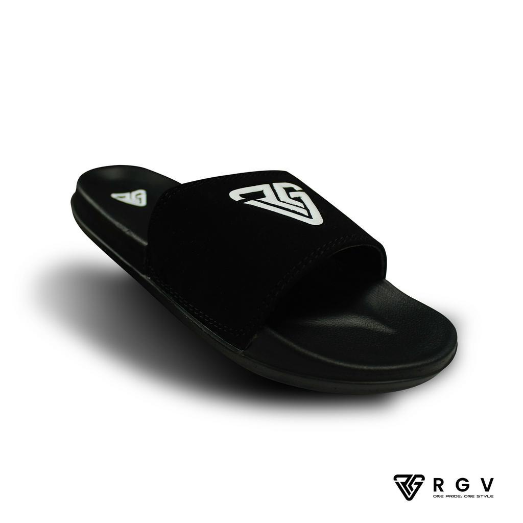 RGV - SANDAL PRIA DAN WANITA SLIDE SLIP ON SENDAL ANTI LICIN RINGAN SELOP BLACK LOGO WHITE