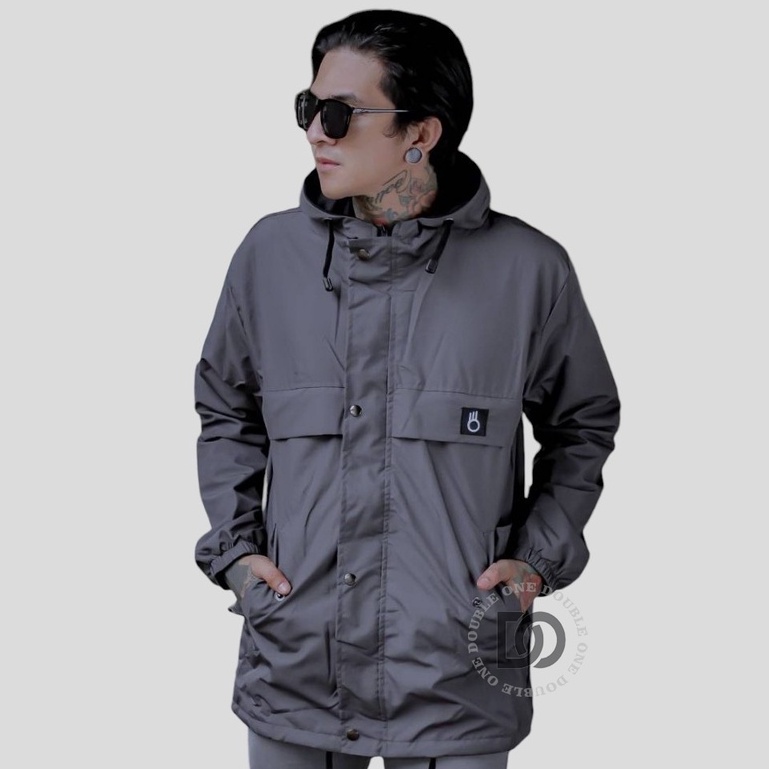 DOUBLE ONE - Jaket Hoodie Pria Outdoor Taslan Original The Bojiel / Jaket Parka Parasut / Jaket Hoodie Waterproof Abu - Abu