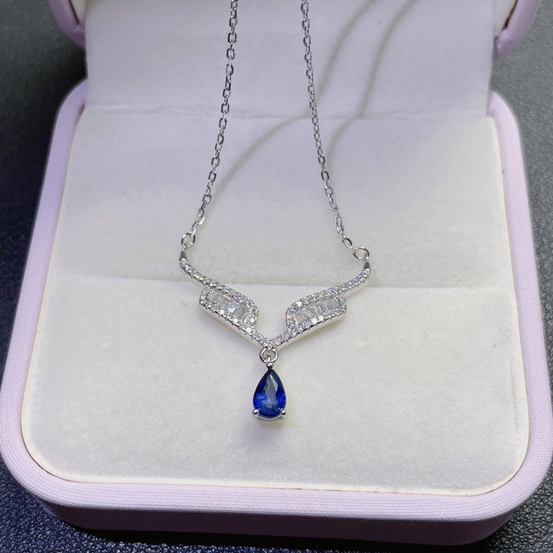 Kalung Dengan Liontin Bentuk Tetesan Air Bahan Cubic Zirconia Warna Biru Untuk Wanita