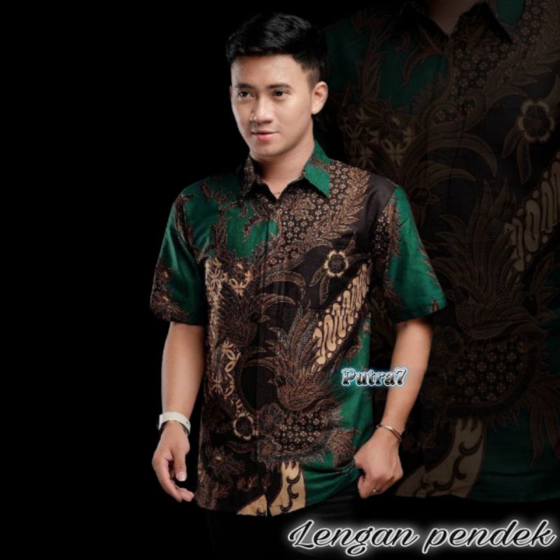 Batik Pria Lengan Pendek  BATIK MURAH HRB026 motif TERBARU 2021 Kode 002 size M L XL XXL BIG SIZE 3L 4L 5L 6L Reguler Fit-HEM MAHESA HIJAU