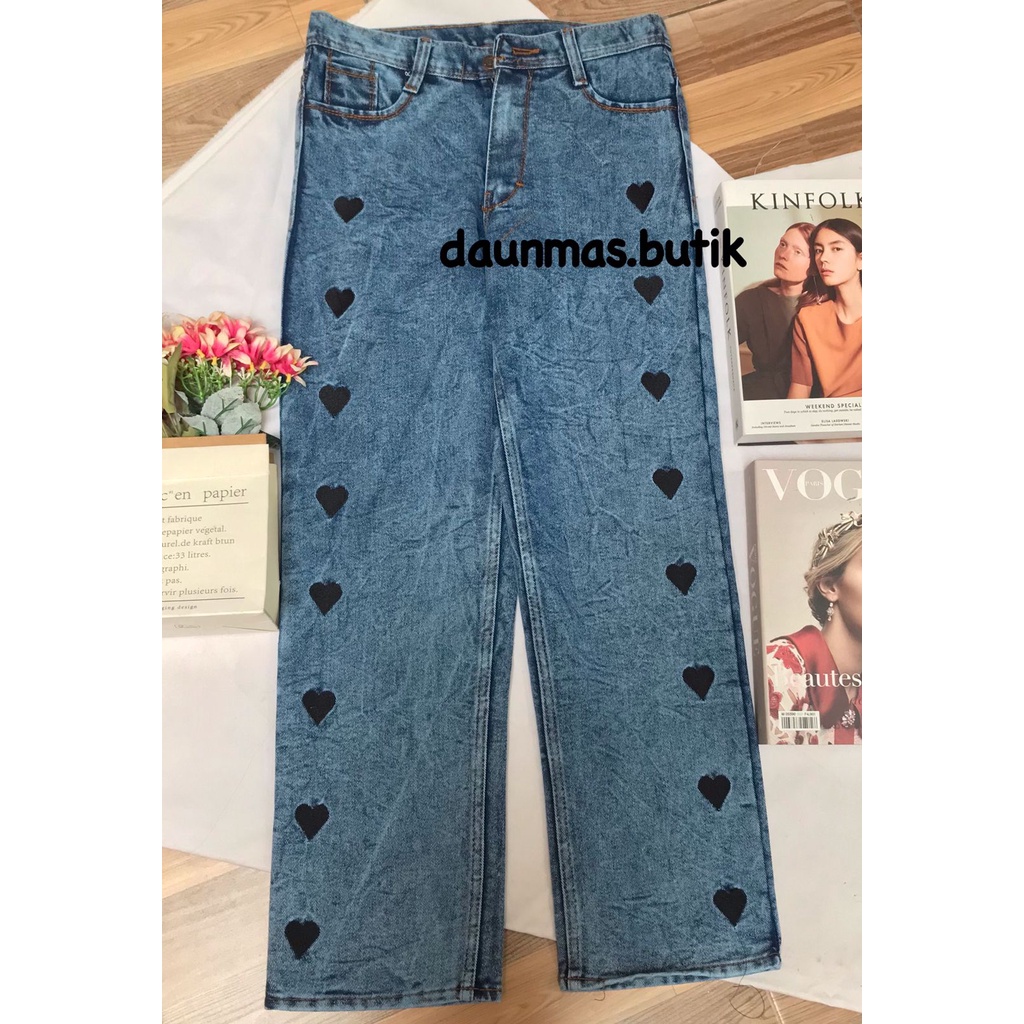 1KG MUAT 2PCS | KULOT JEANS LOVE CELANA PANJANG HIGHTWAIST JEANS KOREA FASHION TERBEST SELLER