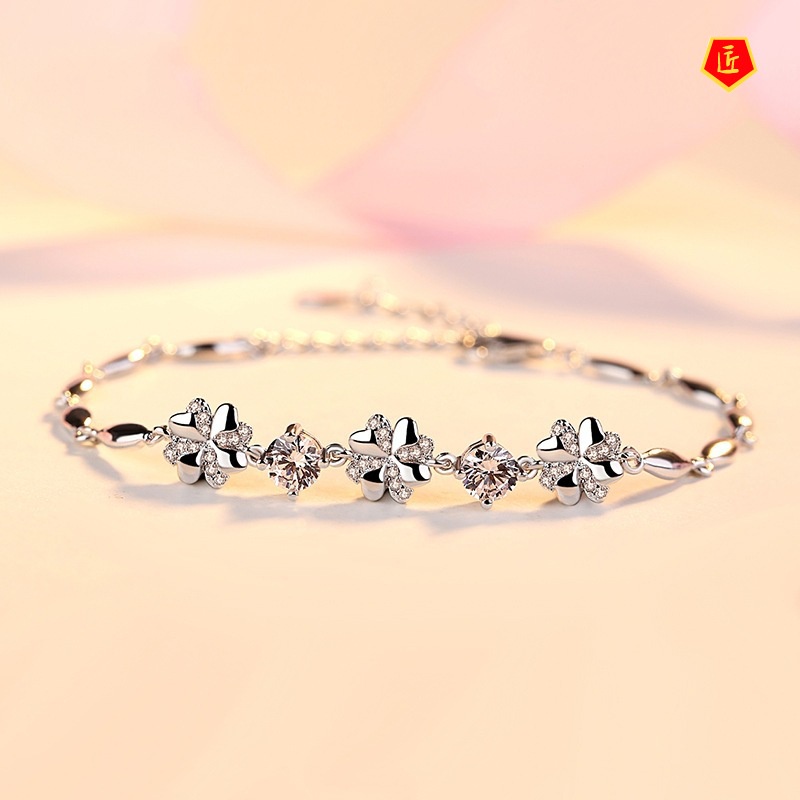 [Ready Stock]925 Silver Fashion Four-Leaf Clover Diamond Bracelet