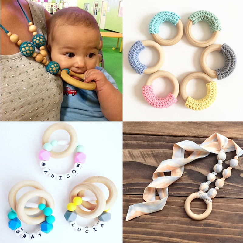 Mary 5pcs / Set Mainan Teether Bayi Bentuk Cincin Bahan Kayu 70mm Untuk DIY Craft