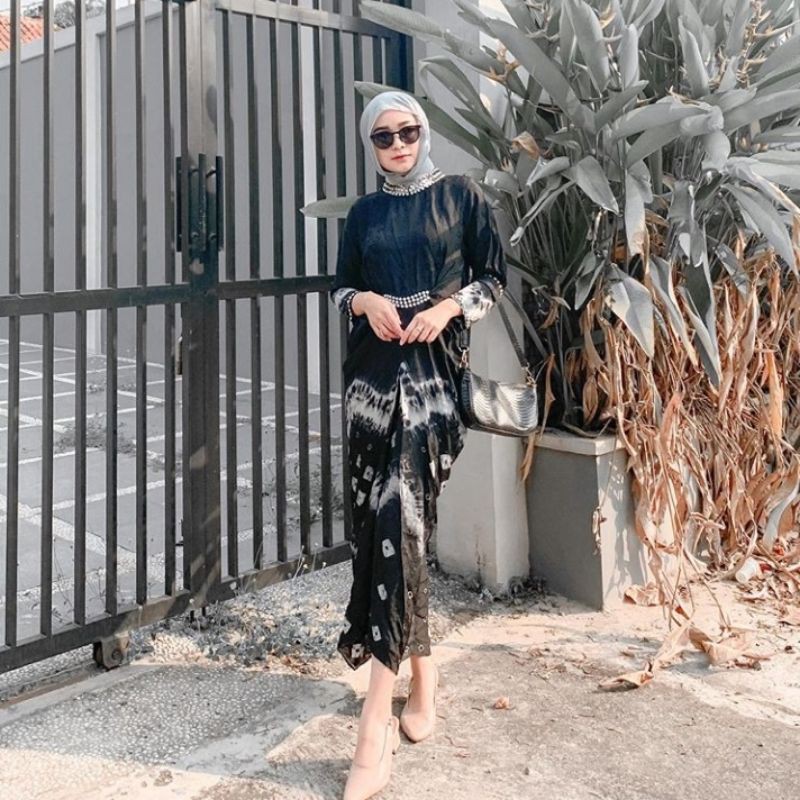 couple kaftan jumputan palembang bahan viscose hitam putih