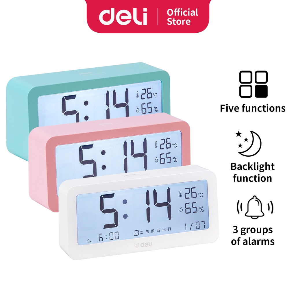 Deli Jam Alarm Digital Pink/Biru, Layar LCD, Tahan Terhadap Panas, Cahaya Belakang Sentuh 8826