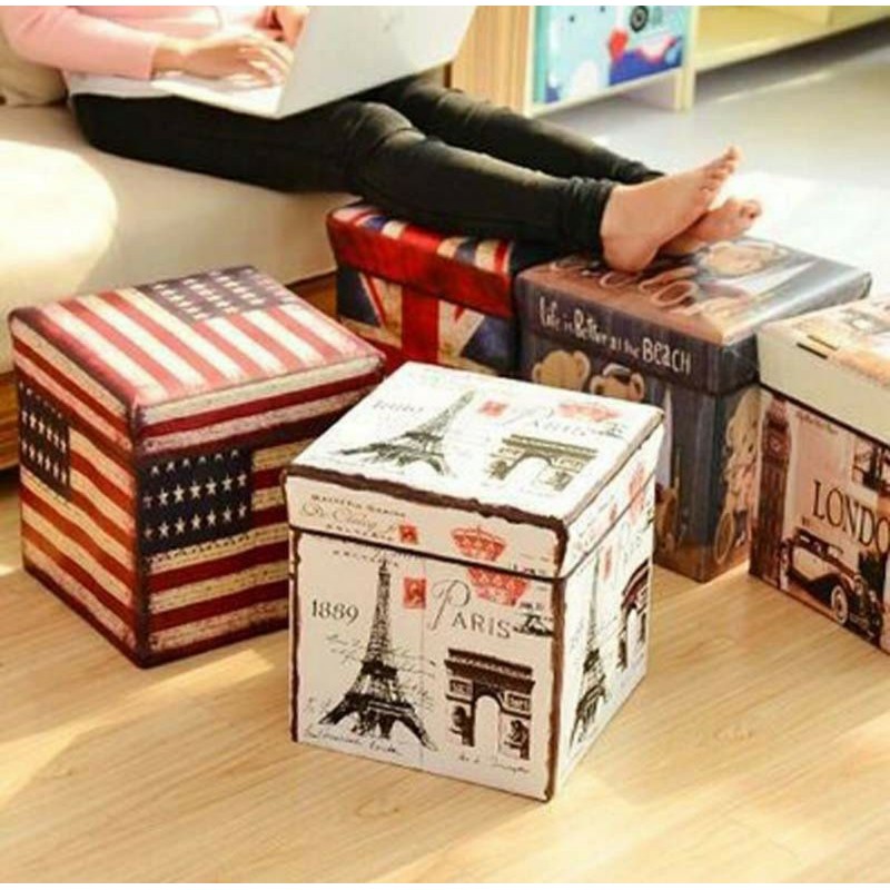 Bangku Kotak Penyimpanan Barang Model Vintage 30x30x30cm