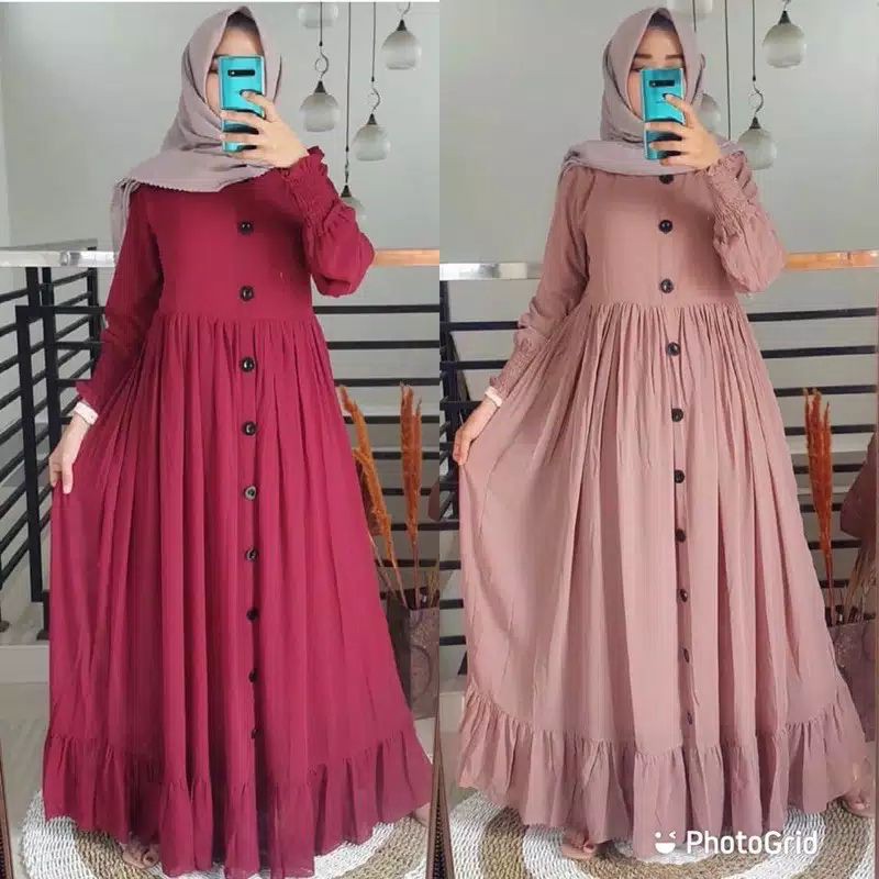 Plain Maxi - Baju Gamis kancing Busana Long Dress Muslim Lemon Skin Simple Harian