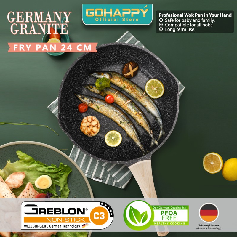 GERMANY GRANITE Gohappy Fry Pan 24cm GH-G85 asli German Greblon C3 Wajan Penggorengan granit