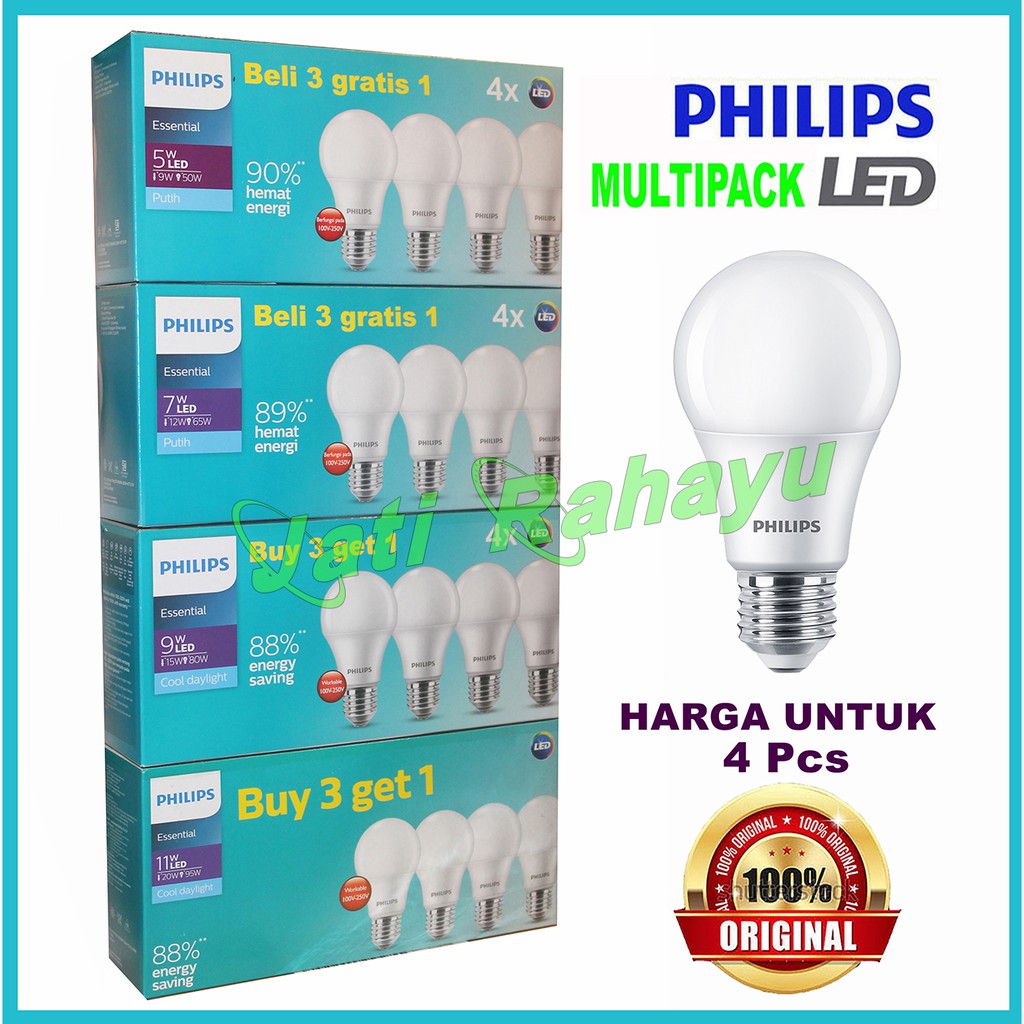 PAKET 4 Pcs LAMPU LED ESSENTIAL PHILIPS 5W / 7W / 9W / 11W PUTIH