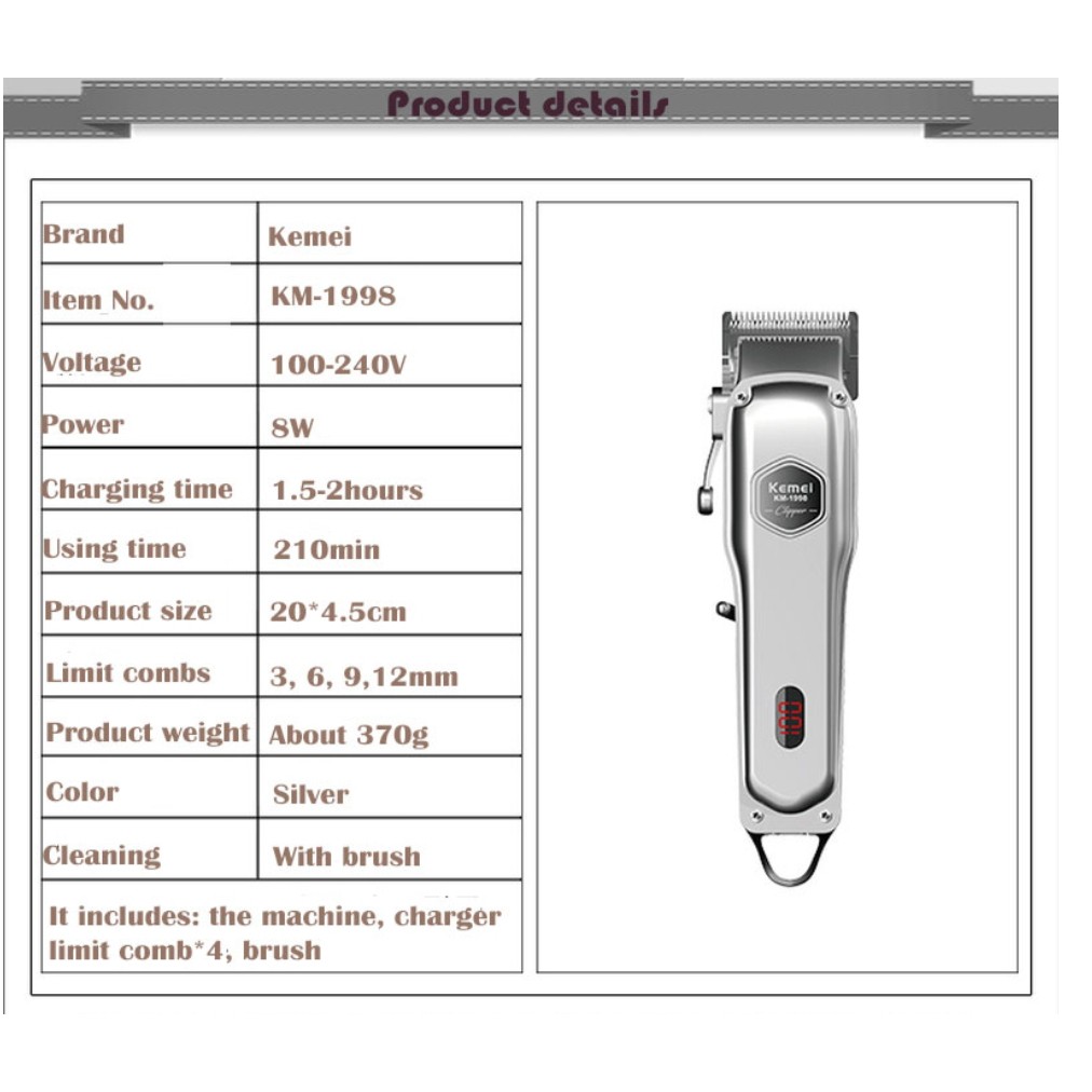 ALAT CUKUR RAMBUT KEMEI KM-1998 FAST CHARGE HAIR CLIPPER / TRIMMER ELECTRIC LED DIGITAL DISPLAY