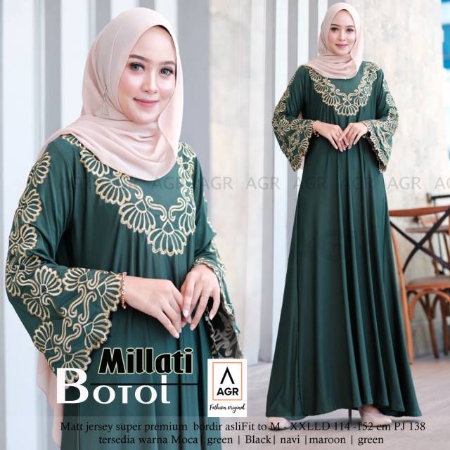 Gamis abaya jumbo wanita millati dress maxy LD 110 & LD 120 Bahan jersey bordir super melar