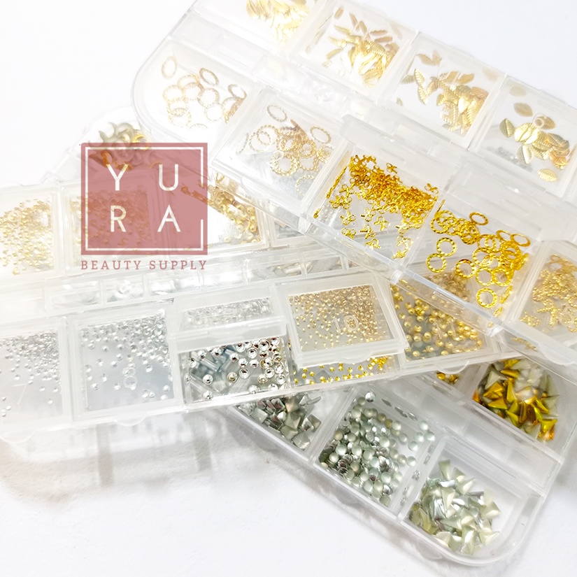 Hiasan kuku palsu nail art METAL AKSESORIS BOX ISI 12 DIY CASE RING ALL SHAPE / Handmade dekorasi accesories