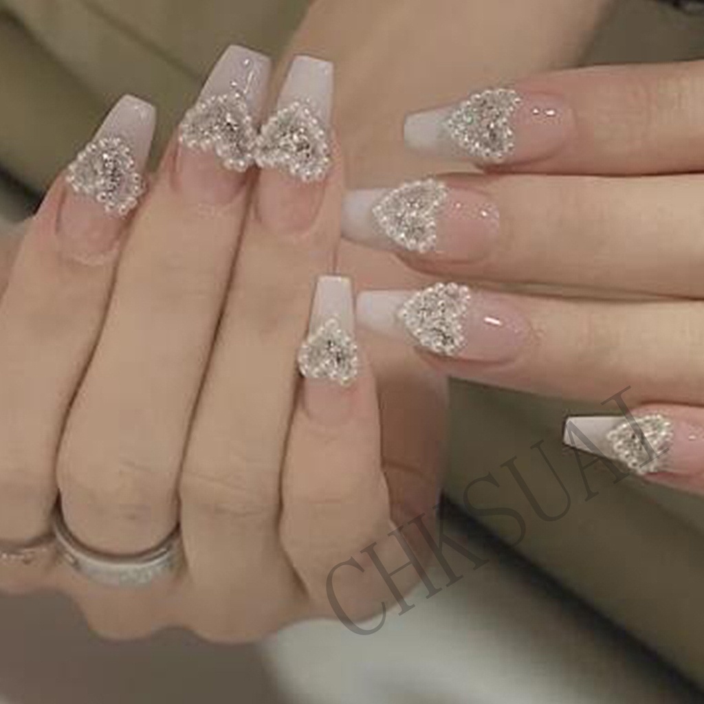 24 Pcs Kuku Palsu Panjang Desain Hati Mutiara Gradien Bahan Akrilik Gaya Perancis Untuk Nail Art
