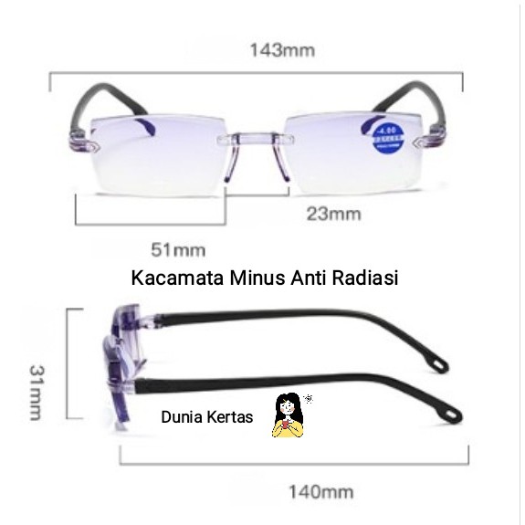 KACAMATA MINUS FRAMELESS ANTI RADIASI