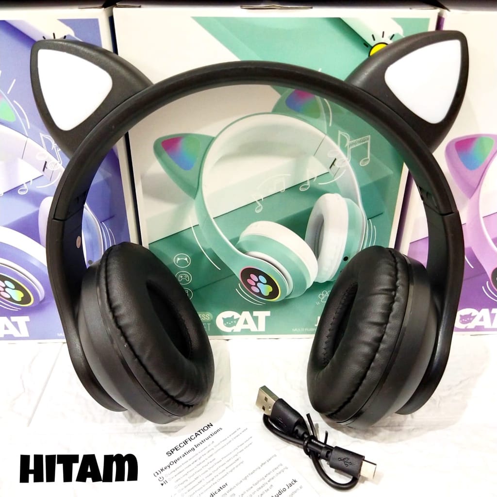 HeadPhone / Headset Kucing - Wireless JST28 Telinga Kucing Lampu