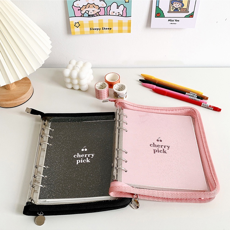 Buku Catatan Agenda Harian Model Loose leaf Motif Cherry Bahan PVC Dengan Resleting