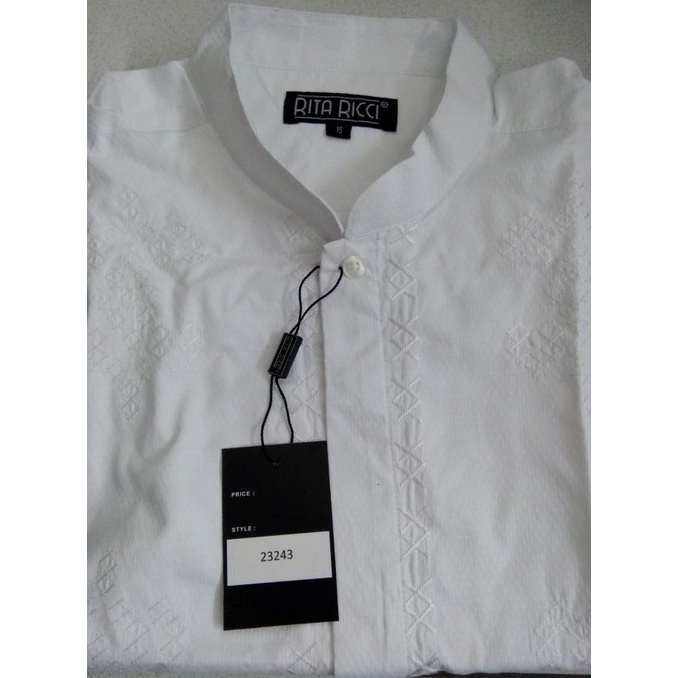 Kemeja Koko RITA RICCI bordir putih lengan panjang ukuran S- big size