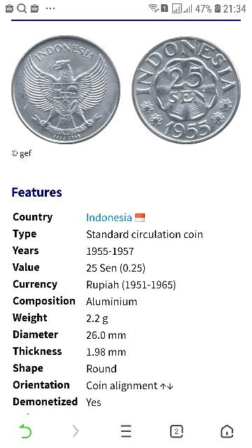 UP130 KOIN KUNO 25 SEN GARUDA TH 1955/1957/UANGLAMA/UANGKOLEKSI/MAHARNIKAH