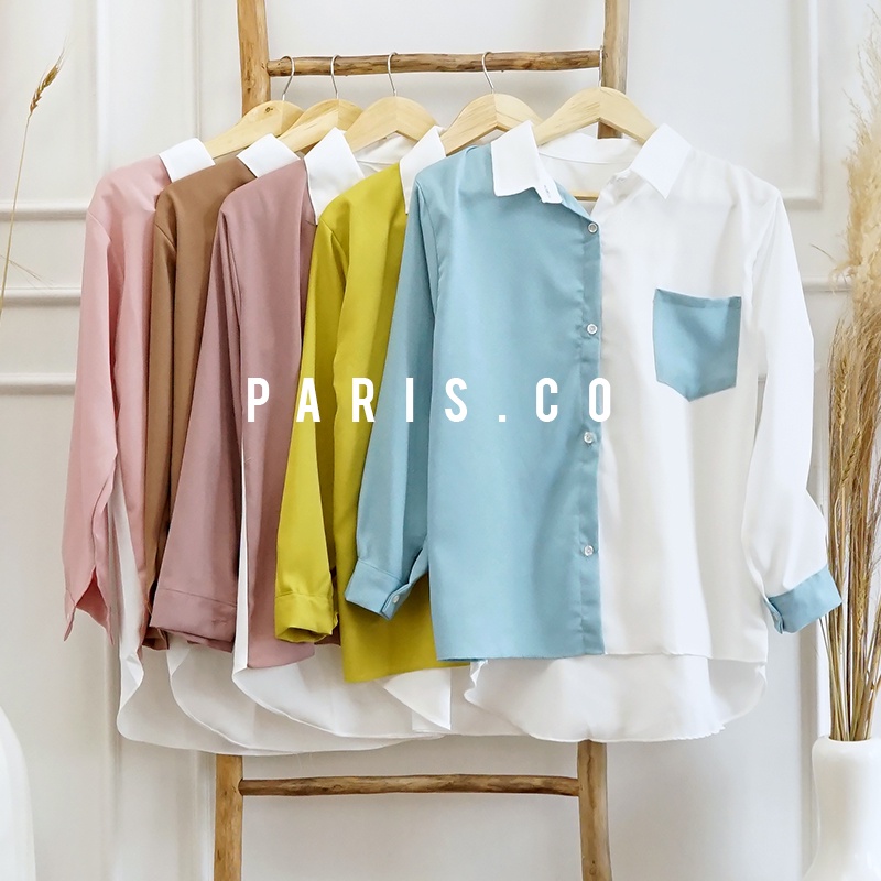 Atasan Blouse Kemeja Wanita Polos Basic Casual Kombinasi Warna Lengan Panjang Kekinian Korean Style Model Pinguin