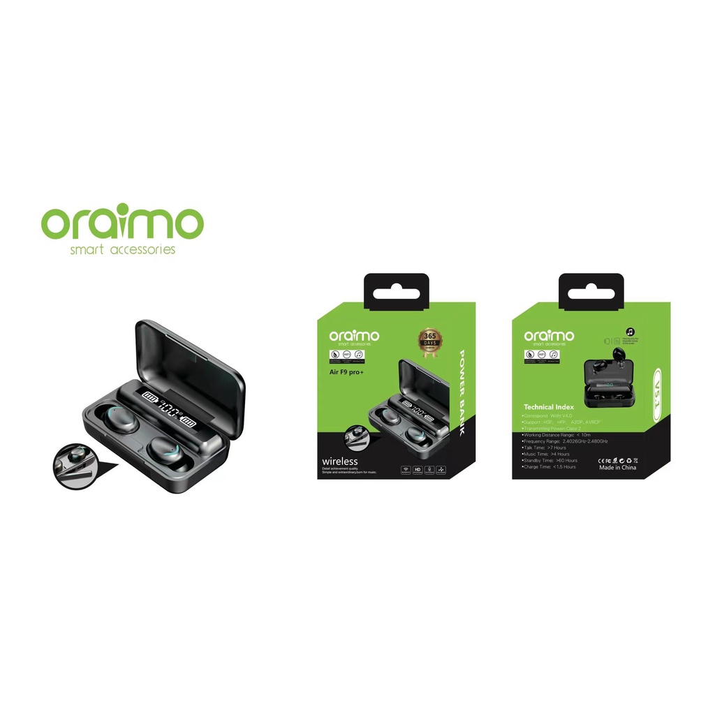 Earphone Earbuds Bluetooth Wireless Oraimo Air F9 Pro + POWERBANK