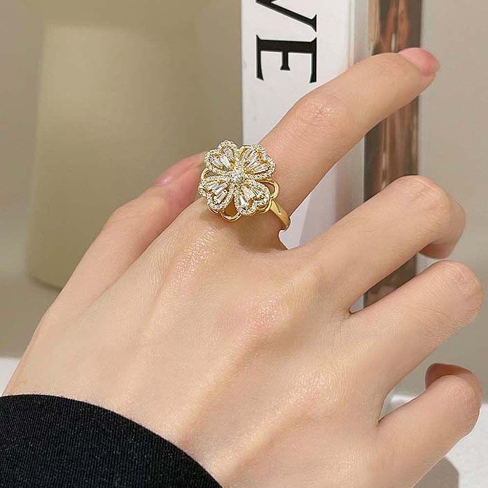 Needway   Berputar Zirkon Cincin Kepribadian Elegan Beruntung Dapat Diputar Mewah Warna Perak Kincir Berlian Imitasi Wanita Jari Rings