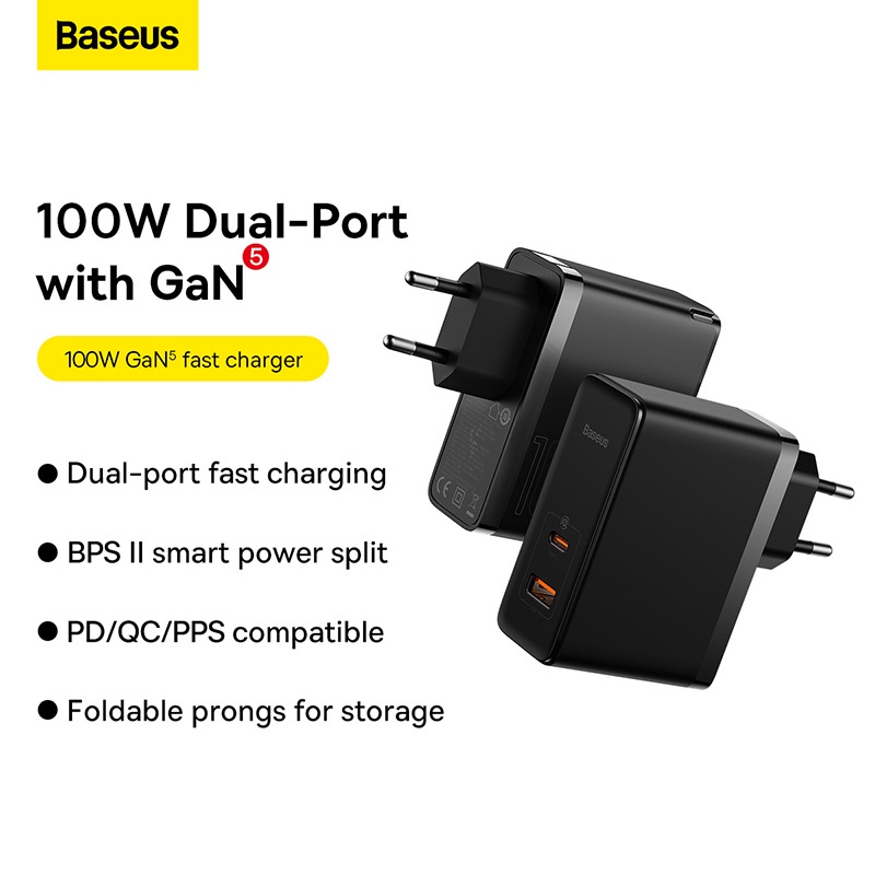 Baseus Gan5 PRO Fast Charger Dual Output C+U 100W Power Delivery QC