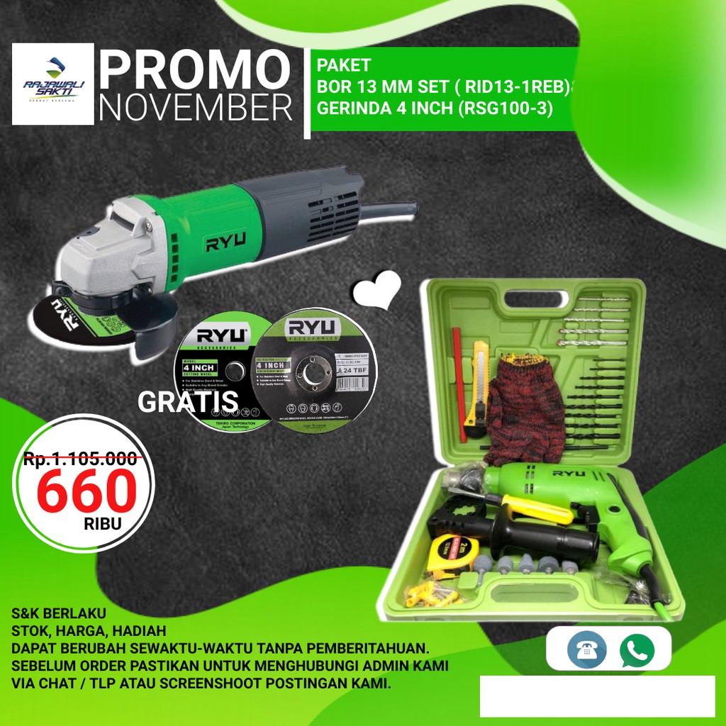 PAKET RYU MESIN BOR TEMBOK RID 13-1 REB & MESIN GURINDA RSG 100-3