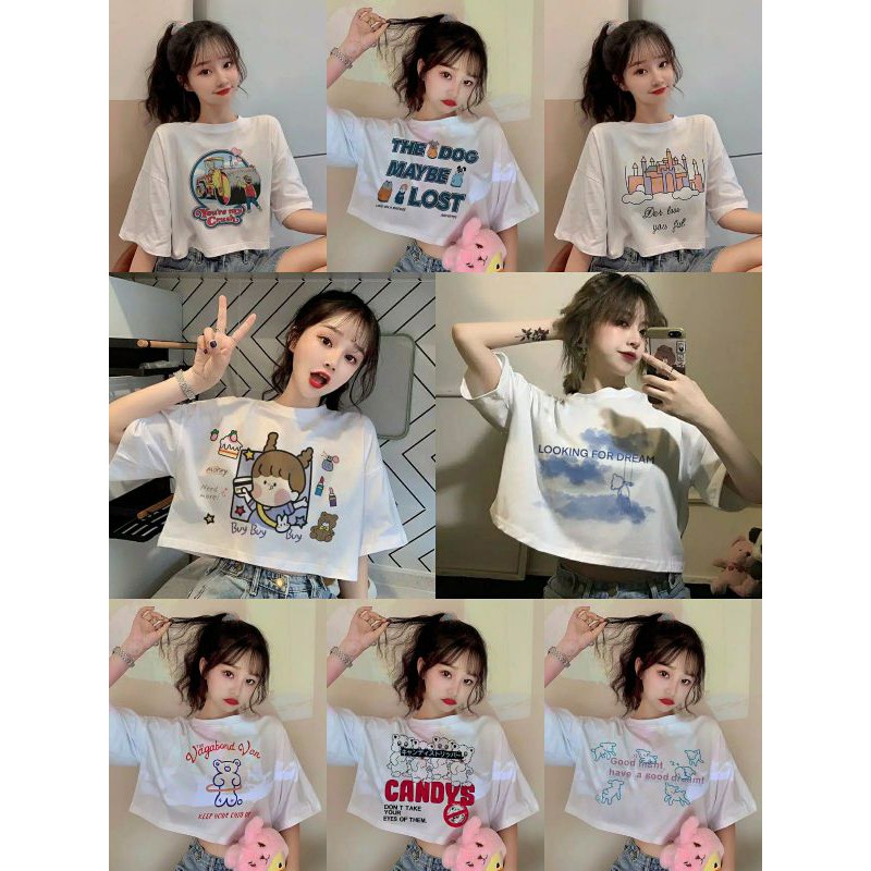 COD✔atasan crop top wanita tshirt kekinian en/pakaian wanita baju kaos crop kartun