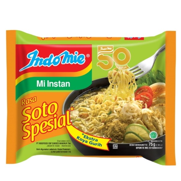 

Indomie mi instan soto spesial 75 gr / Kaldu ayam 72 gr / Ayam Spesial 68 gr /Ayam Bawang 69 g / Soto Mie 70 g