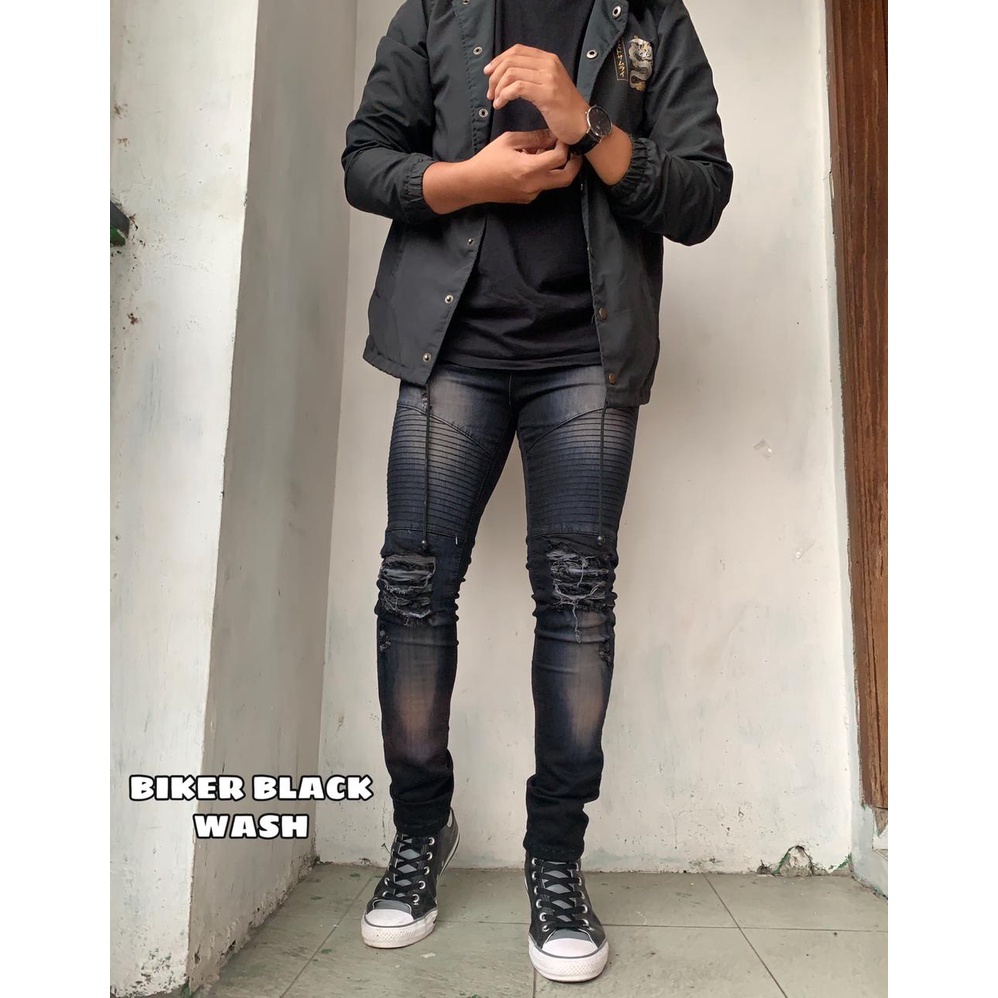 ROMEO SOBEK BIKER BLACK WASH/JEANS RIPPED PRIA/JEANS BIKER PRIA/CELANA JEANS PANJANG/JEANS/CELANA