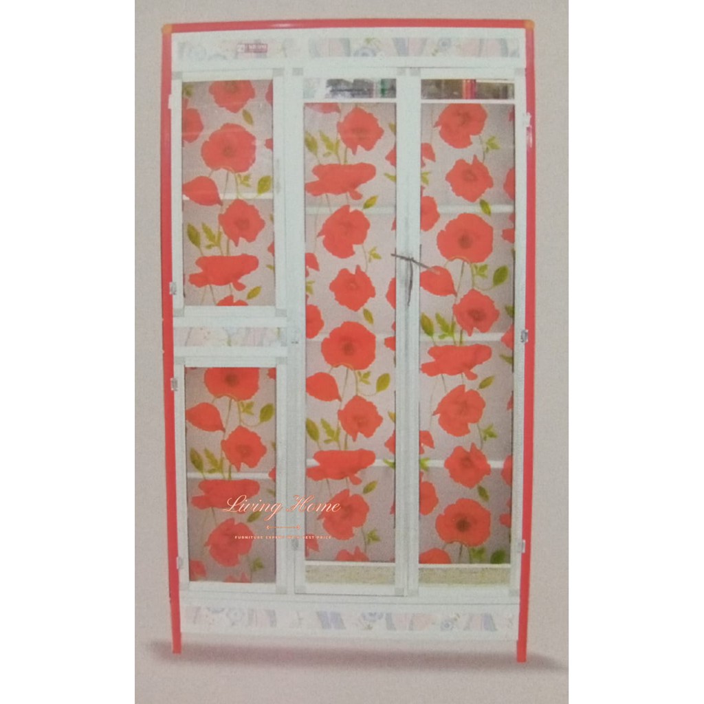 Lemari Dapur 3 Pintu Rata Rak Piring Gelas Aluminium Kaca Bagus Murah